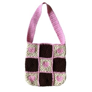 Brown, pink, and cream checkered crochet bag!